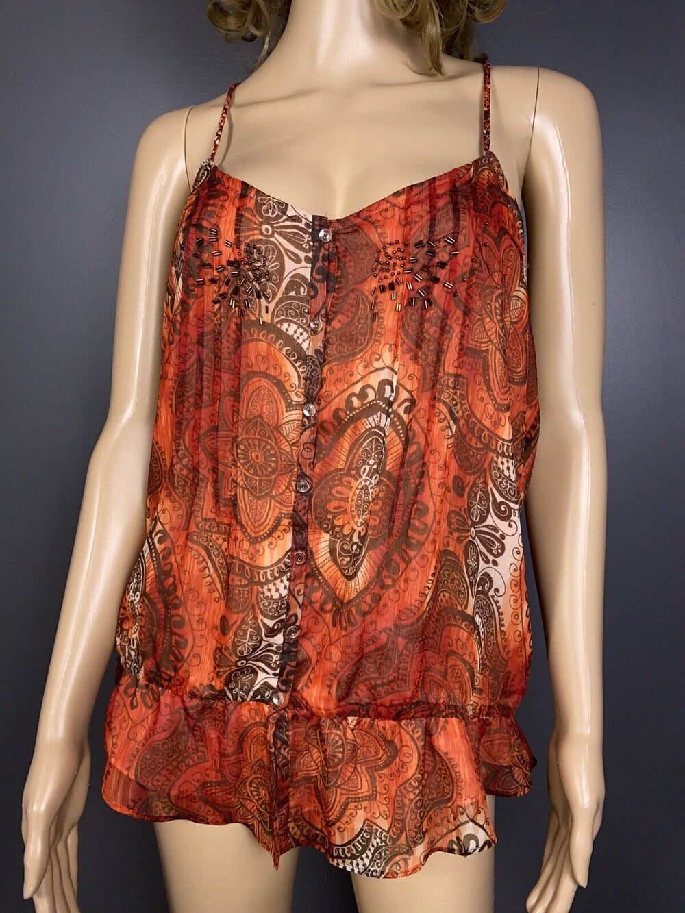 LC Lauren Conrad Womens Large T Back Racerback Blouse Tank Top Paisley Orange
